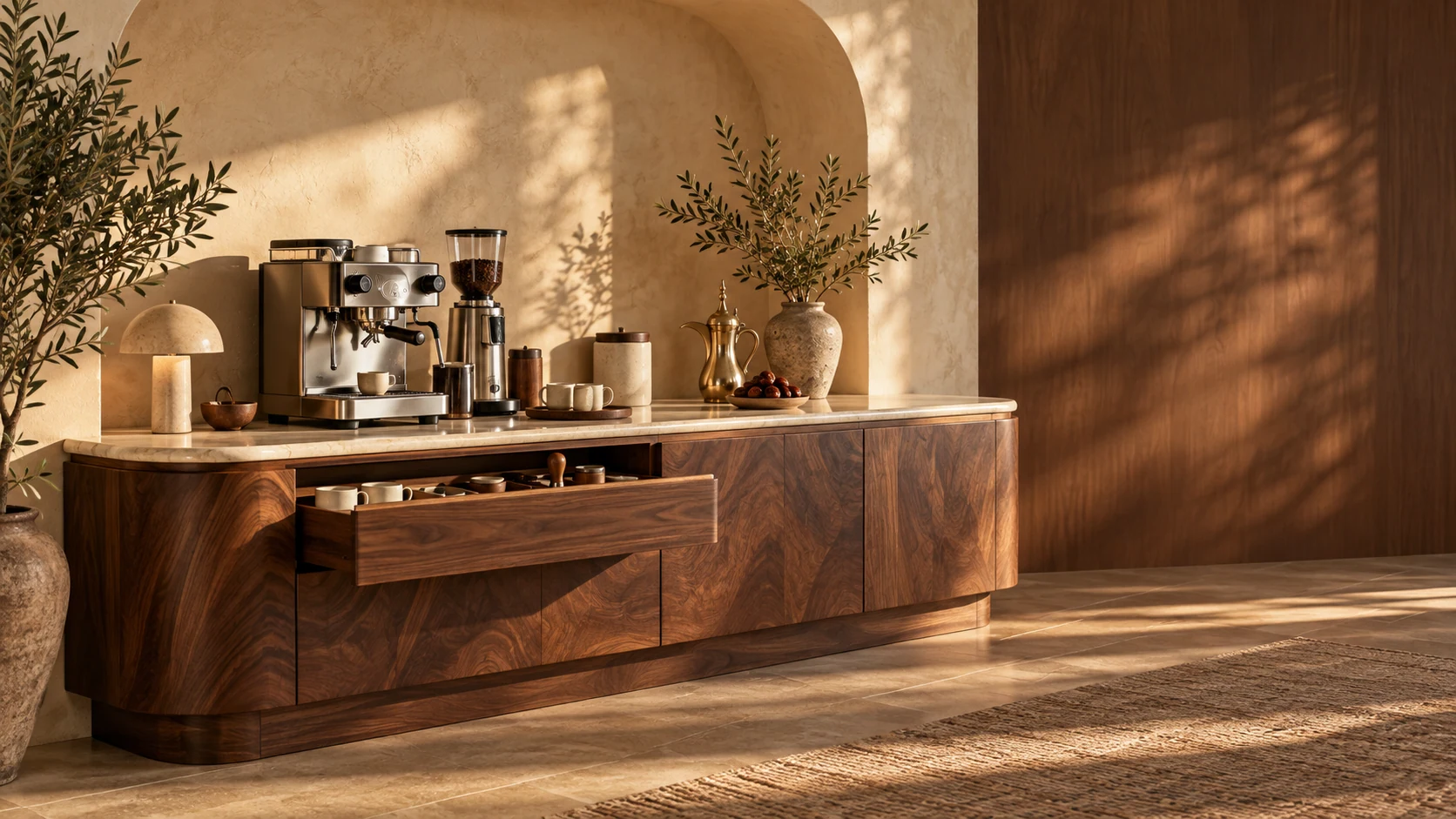 A Bevel walnut coffee corner in warm morning sunlight